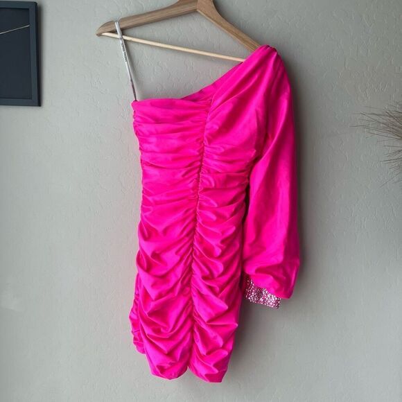 Sophia Thomas 8521 Hot Pink Ruched One Shoulder Rhinestone Cuff Mini Dress Sz 4 - Picture 8 of 9